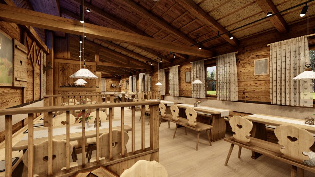 Eine urige Almhütte mit Holzverkleidung, Holztische sowie -stühle. Sie sieht gemütlich und urig aus.