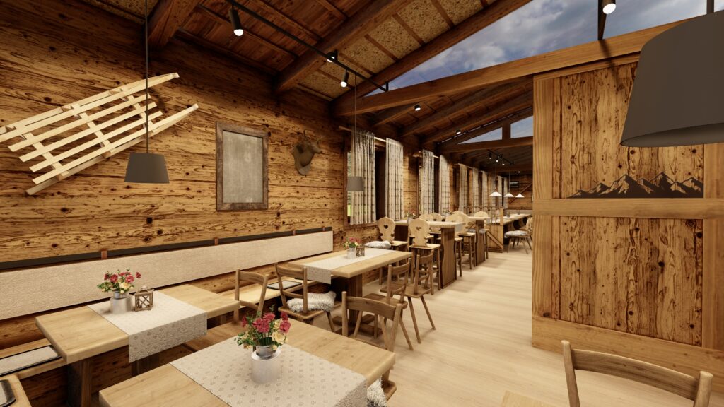 Eine gemütliche Almhütte mit Holzverkleidung, Holztische sowie -stühle.