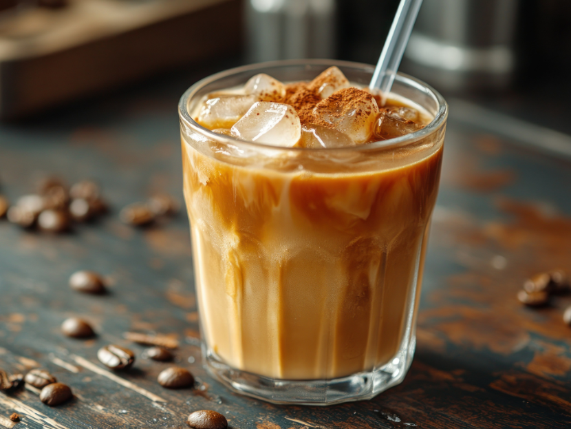 Ein Glass Einkaffe mit Eiswürfeln und Zimt dekoriert. Neben dem Glas liegen Kaffeebohnen.