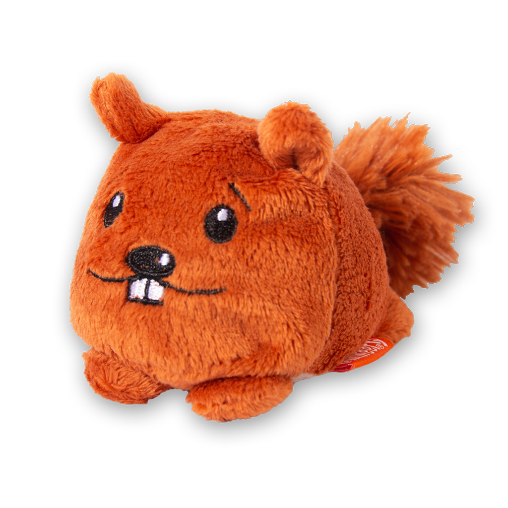 Ein oranges Kuscheltier, welches einen Biber darstellt.