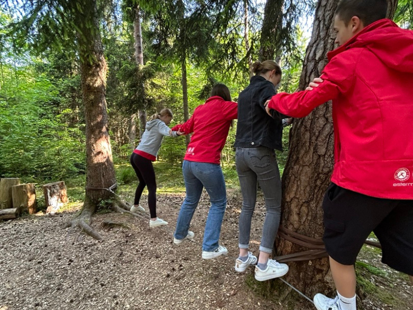 Vier Personen halten sich an den Armen fest und stützen sich. Sie balancieren auf einem Seil, welches zwischen zwei Bäumen im Kletterwald gespannt ist. Sie machen ein Teamtraining.