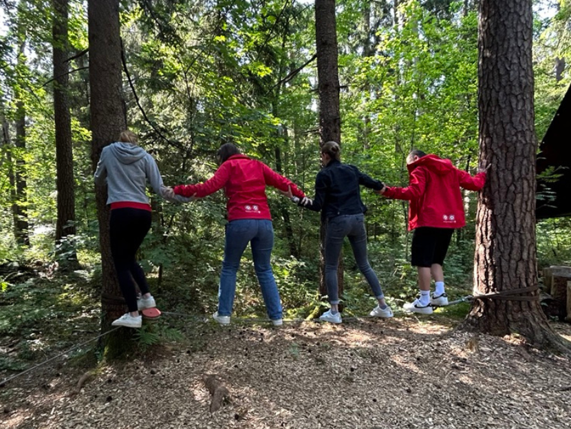 Vier Personen halten sich an den Armen fest und stützen sich. Sie balancieren auf einem Seil, welches zwischen zwei Bäumen im Kletterwald gespannt ist. Sie machen ein Teamtraining.
